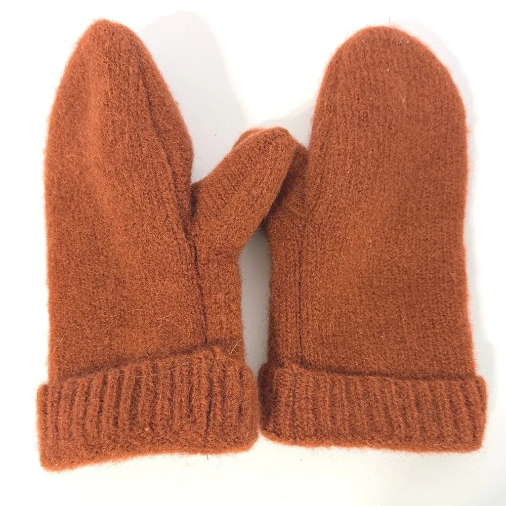 Handmade Rust Orange Knit Mittens Fuzzy Winter Warm Ribbed Cuff Women One Size